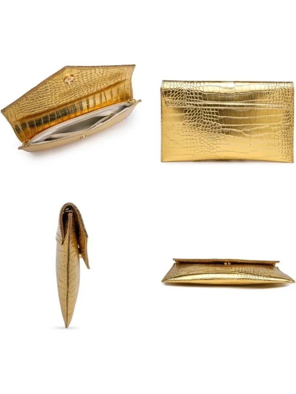 Chic Metallic Gold Envelope Clutch Purse with Detachable Chain for Women